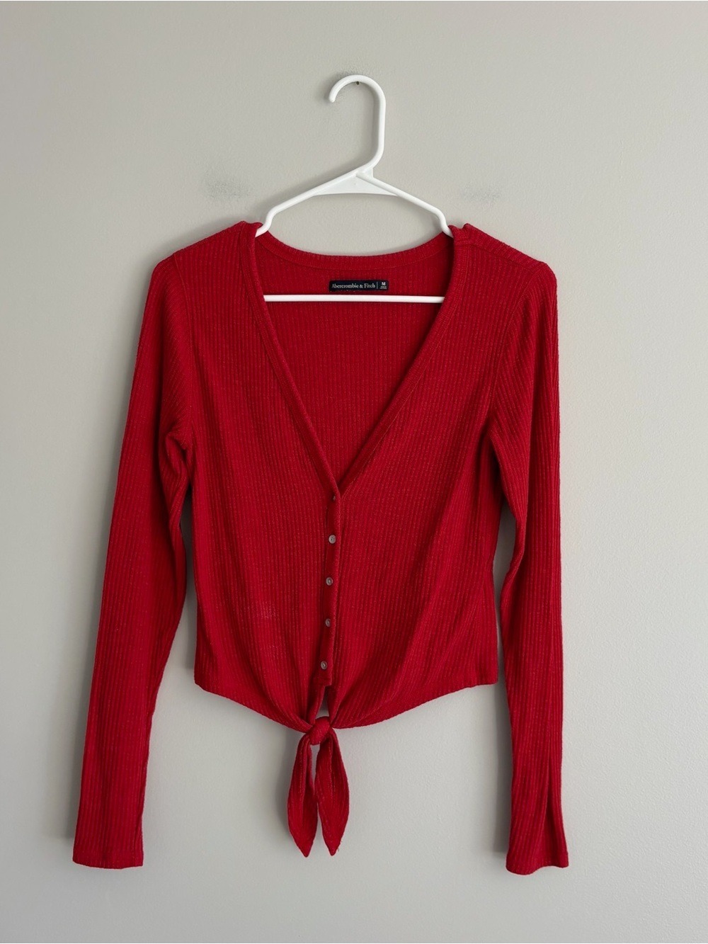 Abercrombie & Fitch Red Ribbed Tie-Front Long Sleeve Top Size M